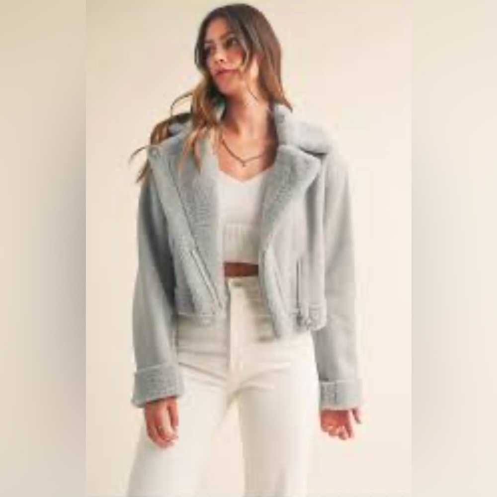 MARBLE Light Gray Teddy Moto Jacket Cropped Sherpa Coat Size S